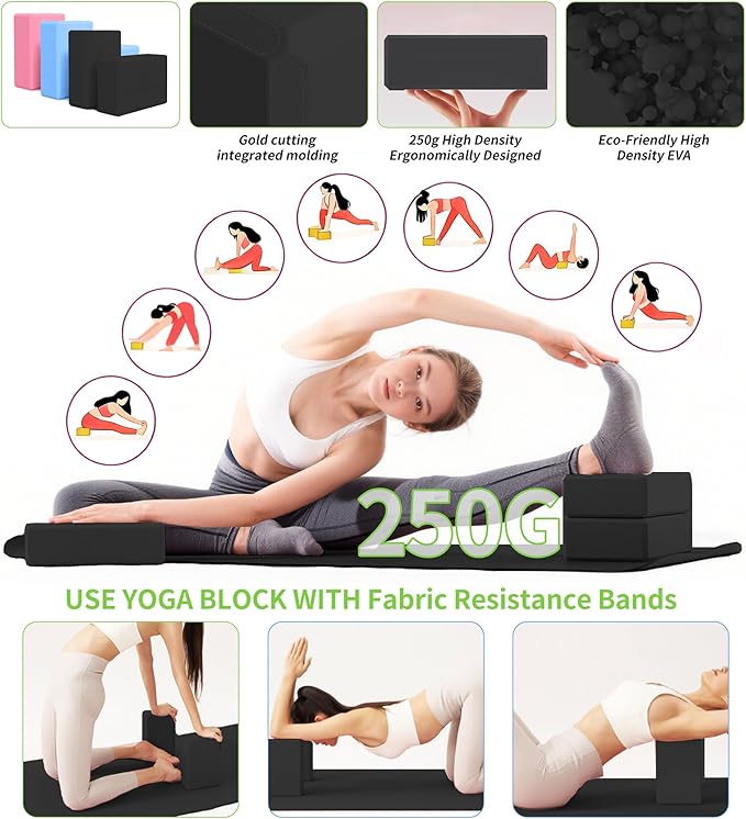 Yoga Mat Thick, 6 Fabric Resistance Bands, 2 Pack Yoga Blocks, Home Workout Equipment Essentials Starter Kit for Beginners Full Body Toning