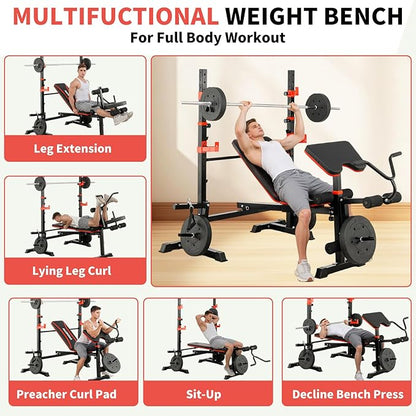 Foldable 1500LBS 8 in 1 Olympic Weight Bench Set with Leg Extension/Curl, Adjustable Weight Bench for Men & Women Full Body Workout, Bench Press with Preacher Curl（US Stock）