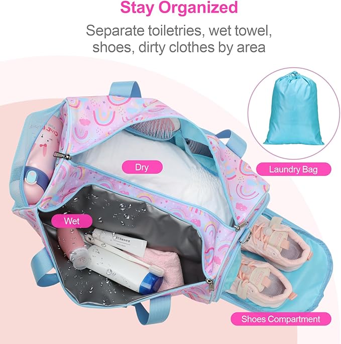 Bagseri Dance Bag for Girls - Kids Duffle with Shoe Compartment, Gymnastics Tote for Sleepover Travel with Water Resistant Wet Pocket (Light Purple Blue Rainbow)