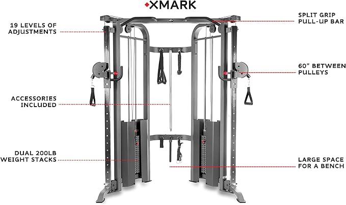 XMARK Functional Trainer Cable Machine, Dual Weight Stack Cable Pulley Machine for Strength Training, Commercial and Home Gyms, and Rehab Facilities