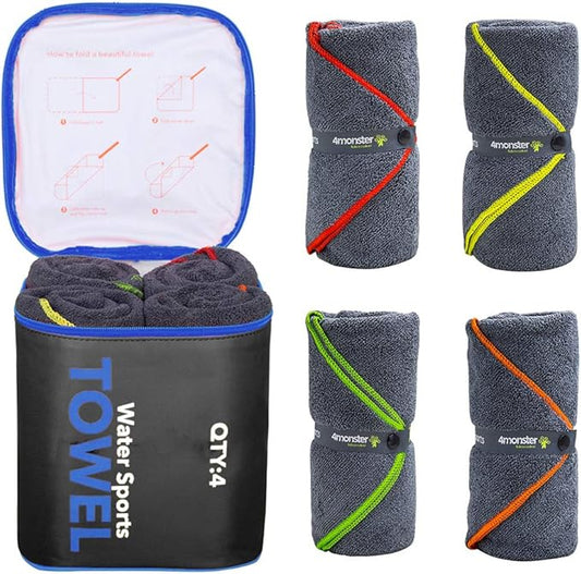 4Monster 4-Pack Quick Dry Microfiber Travel Towels – Super Absorbent, Ultra-Soft Camping Towel Set with Waterresistant Bag, Lightweight & Compact for RV, Gym, Beach, Pool, Swimming, and Family Trips