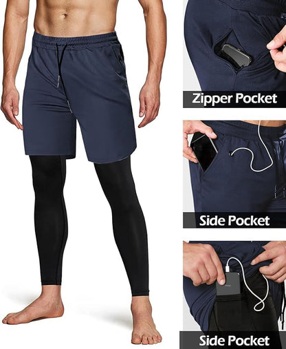 Aolesy Men's 2 in 1 Running Pants, Gym Workout Compression Pants for Men Training Athletic