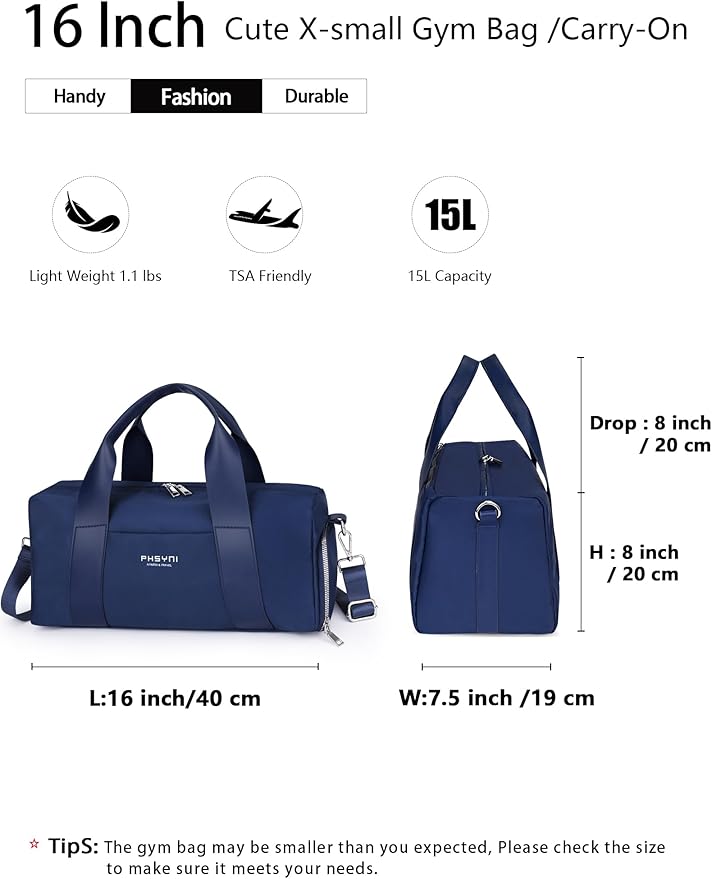 Sports Small Gym Bag for Women and Man, Cute Mini Duffle Bag with Wet Pocket & Shoes Compartment, Personal Item Travel Workout Bag, 16"-Small, Navy
