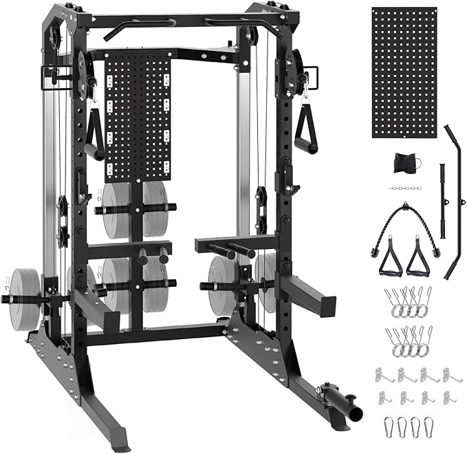 Power Cage, 2000LB Power Rack with Independent Dual Pulley System, Multi-Function Home Gym Workout Machine for Stability & Strength Training