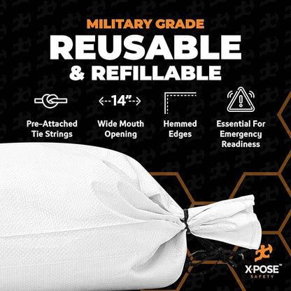 Xpose Safety Heavy Duty Sand Bags with Tie Strings – Empty Woven Polypropylene Sandbags for Hurricane Flood Protection, 100 lb Capacity, 14" x 26", White, Pack of 1000