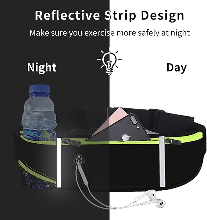 Fanny Packs, Running Belt Pack, Waist Pack Bag for Men and Women, Lightweight Runners Water Bottle Belt Bag, Phone Holder Money Belt for Traveling Hiking Cycling Walking (1186, Black Green)