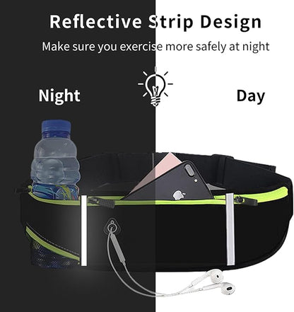 Fanny Packs, Running Belt Pack, Waist Pack Bag for Men and Women, Lightweight Runners Water Bottle Belt Bag, Phone Holder Money Belt for Traveling Hiking Cycling Walking (1186, Black Green)