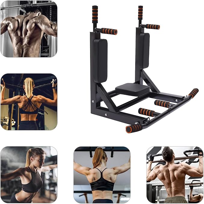 Wall Mounted Pull Up Bar Chin for Indoor Home Gym Workout, Power Tower Set Training Equipment Fitness Dip Stand Supports to 440 Lbs（Black）