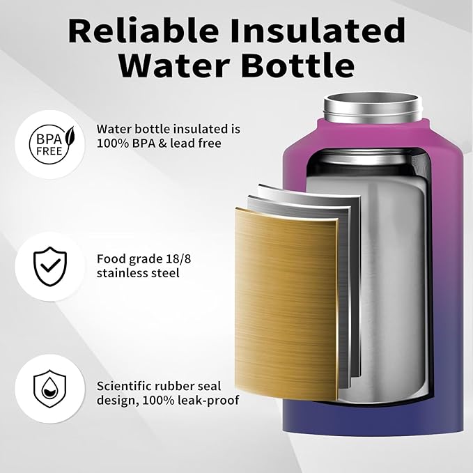 WATERSY 2/3 Gallon Water Bottle Insulated(Cold for 48 Hrs),BPA Free&Leak Proof,87oz Stainless Steel Water Jug/Flask,Big thermo,Large Water Bottle with Handle for Gym,Hiking,Camping,Gradient Purple