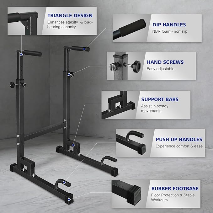 MIUDGIG Adjustable Height Dip Bar Station, Multi-function Dip Station Pull Up Bar Full Body Strength Training Workout Fitness Equipment for Tricep Dips, Heavy Duty Dip Station for Home Gym