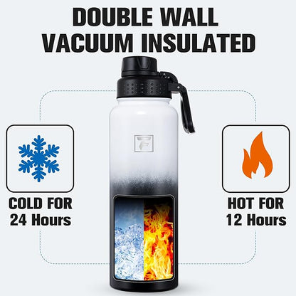 Fanhaw 40 oz Insulated Water Bottle – Stainless Steel Flask with 3 Lids (Straw, Spout, Carabiner) | Durable, Leakproof, for Hiking, Camping, Outdoor Adventures & Travel (White Black)