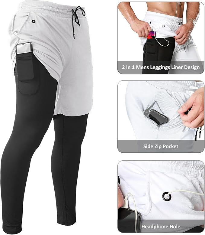 OEBLD Mens 2 in 1 Athletic Running Pants Quick Dry Gym Workout Shorts for Men Compression Pants with Pockets