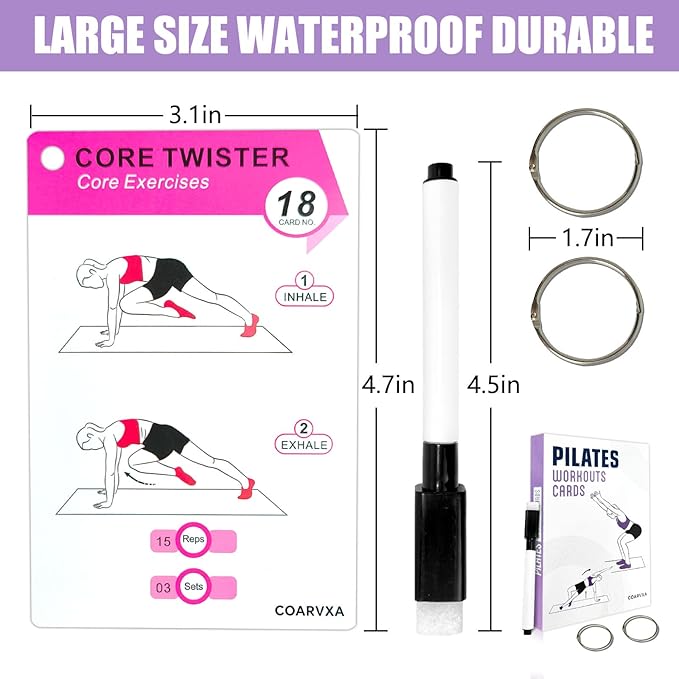 Pilates Workouts for Women-58 Exercise Cards with Pilates Mat Workout Postures，ncludes 4-Week Challenge,2 Rings& Dry-Erase for Easy Organization-Home, Gym or Studio