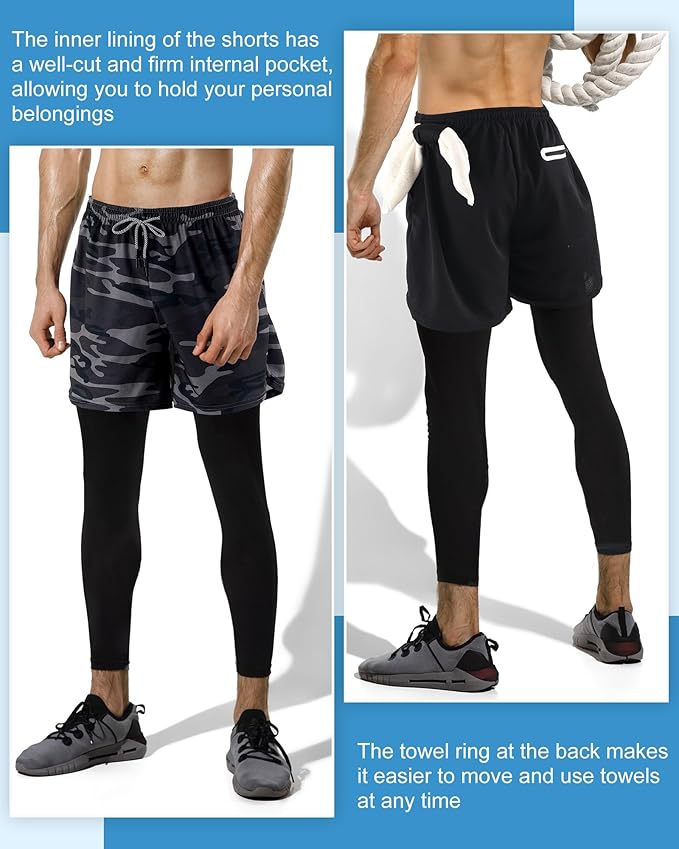 3 Pcs Men's 2 in 1 Athletic Running Pants Quick Dry Gym Workout Compression Pants with Pockets Towel Loop