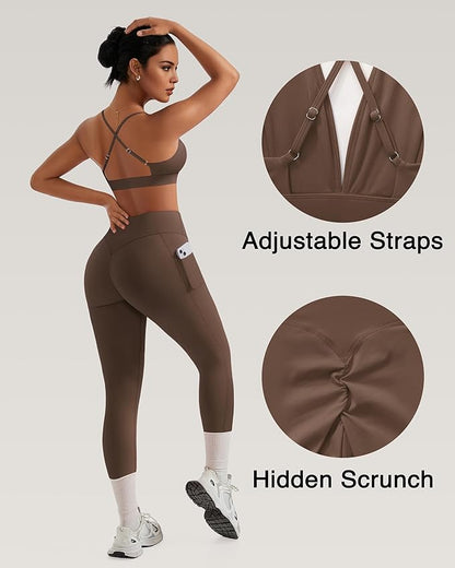RXRXCOCO 2 Piece Workout Sets for Women Strappy Sports Bra Booty Leggings with Pockets Yoga Gym Outfits