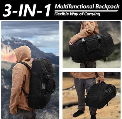 65L Large Duffle Bag, 3-in-1 Tactical Backpack MOLLE Pack for Workout, Sports, Gym, Outdoor, Black Red Patch