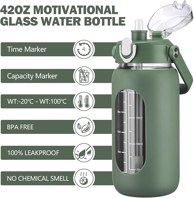 kytffu 42oz Glass Water Bottles with Straw, Motivational Glass Bottle with Silicone Sleeve and Time Marker, Leakproof Large Glass Water Jug for Gym Home Office,Olive