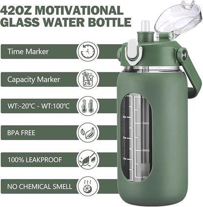 kytffu 42oz Glass Water Bottles with Straw, Motivational Glass Bottle with Silicone Sleeve and Time Marker, Leakproof Large Glass Water Jug for Gym Home Office,Olive