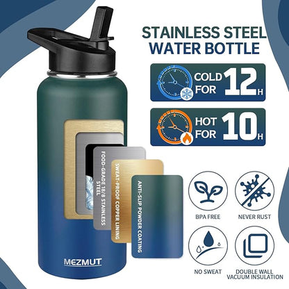 Insulated Water Bottle with Straw&2 Lids 32oz Metal Water Bottle Leakproof Travel Stainless Steel Water Bottles Reusable Double Wall Gym Sports Cup Flask for Camping Hiking, Green Blue