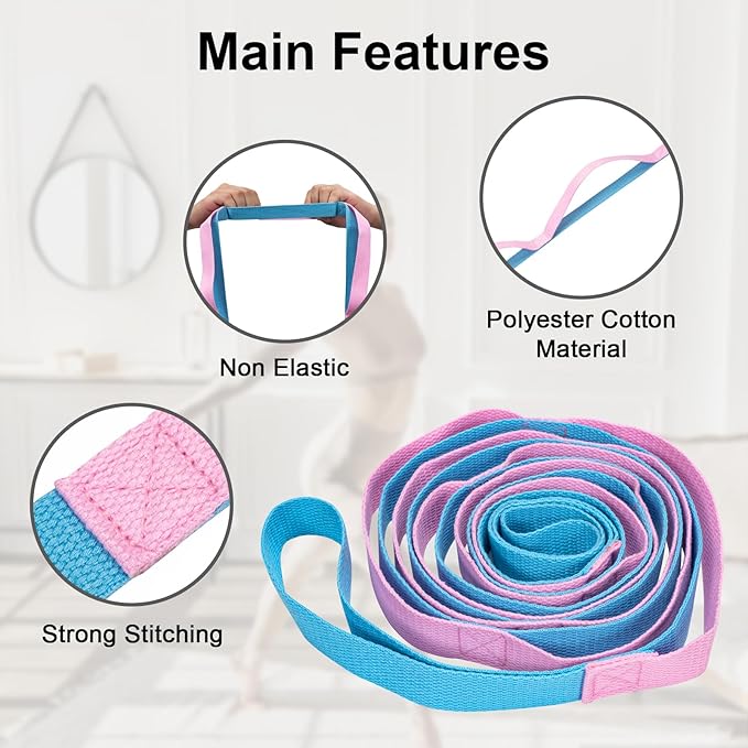 Yoga Strap for Stretching with 10 Loops Inelastic Soft Polyester Cotton Stretch Out Band for Exercise, Yoga, Pilates and Dance for Men and Women