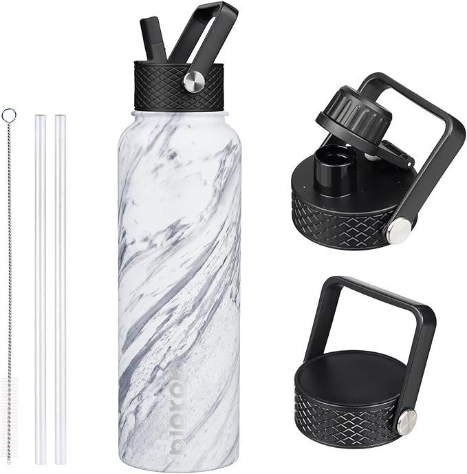 BJPKPK Insulated Water Bottles with Straw Lid, 40oz Stainless Steel Water Bottles with 3 Lids, BPA Free Leakproof Thermo, Tumblers, Cups for Sports, Gym-Carrara Marble