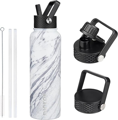 BJPKPK Insulated Water Bottles with Straw Lid, 40oz Stainless Steel Water Bottles with 3 Lids, BPA Free Leakproof Thermo, Tumblers, Cups for Sports, Gym-Carrara Marble
