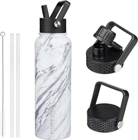 BJPKPK Insulated Water Bottles with Straw Lid, 40oz Stainless Steel Water Bottles with 3 Lids, BPA Free Leakproof Thermo, Tumblers, Cups for Sports, Gym-Carrara Marble