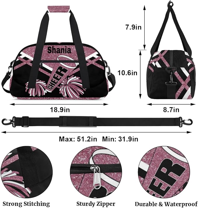 Personalized Cheerleaders Duffle Bag for Girls, Customized Training Bag with Glitters, Dark Pink Overnight Weekender for Cheerleading & Outdoor Use