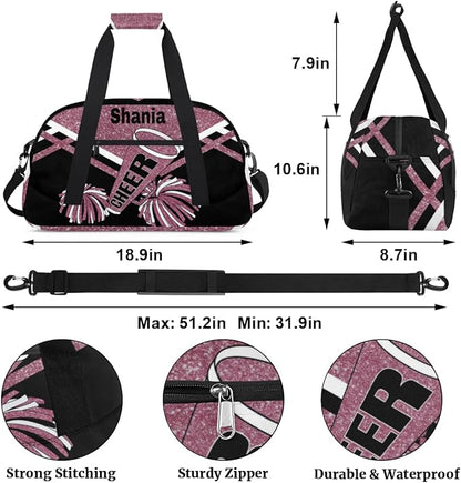 Personalized Cheerleaders Duffle Bag for Girls, Customized Training Bag with Glitters, Dark Pink Overnight Weekender for Cheerleading & Outdoor Use