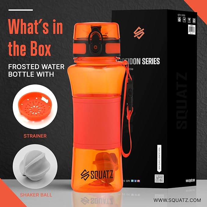 SQUATZ 24 Oz Poseidon Series Water Bottle for Protein and Fruit Shakes - Premium Quality Wide Mouth Gym Flask Fruit Infuser Strainer, Carrying Strap, Leak Resistance, No Condensation Sleeve,Orange