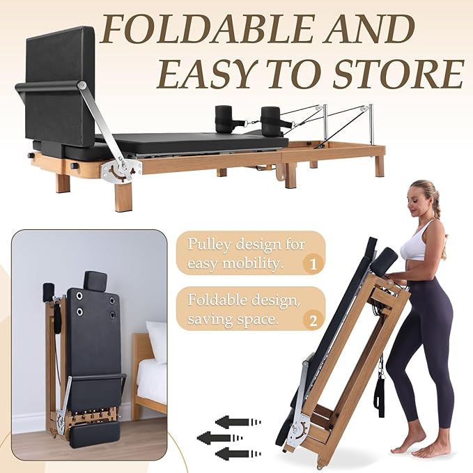 Foldable Pilates Reformer & Pilates Square Box Set–90% Pre-Assembled Home Gym Women Men Workouts Bundle, Dual Resistance System (Springs + Latex), Jumpboard & Adjustable Foot Bar for All Levels