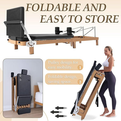Foldable Pilates Reformer & Pilates Square Box Set–90% Pre-Assembled Home Gym Women Men Workouts Bundle, Dual Resistance System (Springs + Latex), Jumpboard & Adjustable Foot Bar for All Levels