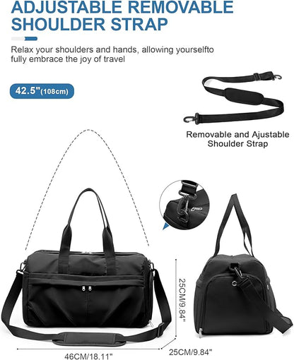 Gym Bag for Women Men, Sport Duffel Bag with Toiletry Bag & Shoe Compartment,Waterproof Travel Weekender Overnight Carry on Bag for Yoga with Trolley Sleeve, Black Set