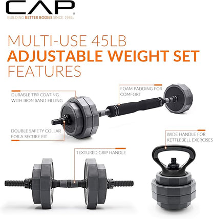 CAP Barbell Multi-Use Adjustable Weight Set - Versatile Dumbbell, Barbell & Kettlebell for Full-Body Workouts | 45lb and 66lb options