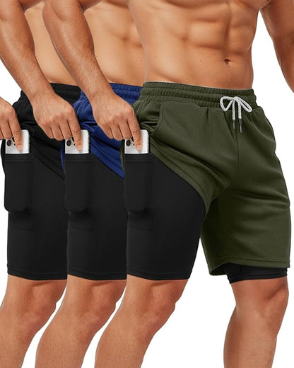 Sureio 3 Pcs Men's 2 in 1 Gym Workout Running Shorts 7 Inch Quick Dry Lightweight Athletic Short with Liner Pocket Towel Loop