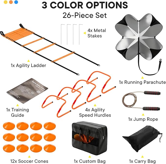 Agility Ladder Speed Training Equipment Set-20ft Ladder, 12 Cones, 4 Adjustable Hurdles, Jump Rope, Resistance Parachute| Basketball, Soccer, Football Practice Equipment for Youth, Adults