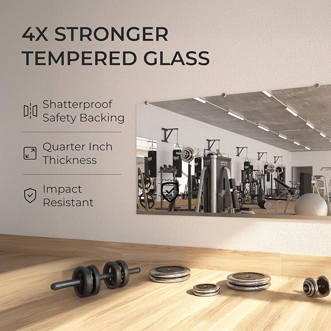 Fab Glass and Mirror Large Gym Mirror for Home Gym 48x32 - Full Length HD Tempered Glass Wall Panel - Professional Workout Display with Safety Backing - 1/4 Inch Commercial Grade