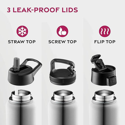 FineDine Triple Walled, Insulated Water Bottles with Straw - 25 Oz Stainless Steel Metal Bottle W/ 3 Leak Proof Lids - For Travel, School, Sports, Gym / Men, Women & Kids - Brushed Stainless Steel