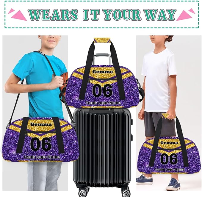 Personalized Cheerleaders' Bag with Team Number - Customized Travel Duffle Bag for Girls, Kids - Gold Purple Sequins Glitter