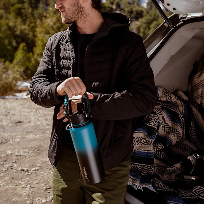 Insulated Water Bottle 40oz,Triple Wall Vacuum Stainless Steel(Dishwasher Safe),Leak Proof & Non-BPA,Flask Jug with Paracord Handle & Straw Spout Lids Sports Gradient indigo blue/black