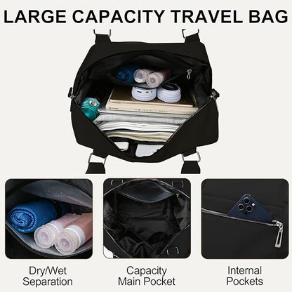 Gym Bag for Women Weekender Carry on Bags Dance Yoga Tote Travel Duffle Personal Item Bag with Wet Pocket Toiletry MakeupBag for Men Sport Trips Hospital Black