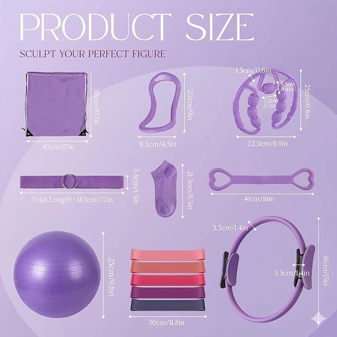 Pilates Kit 14PCS for Women, Pilates Equipment with Pilates Ring Set, Home Pilates Workout Kit, Mini Exercise Ball, Loop Resistance Bands, Stretch Strap, Massage Roller, Grip Socks