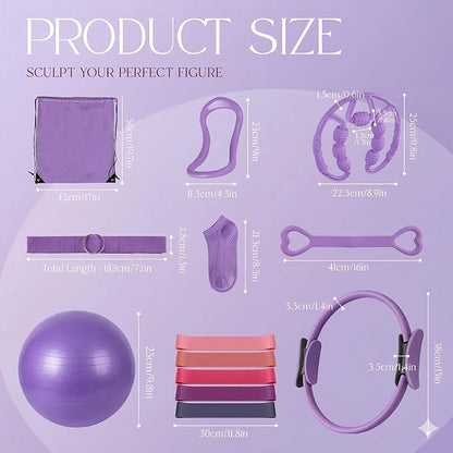 Pilates Kit 14PCS for Women, Pilates Equipment with Pilates Ring Set, Home Pilates Workout Kit, Mini Exercise Ball, Loop Resistance Bands, Stretch Strap, Massage Roller, Grip Socks