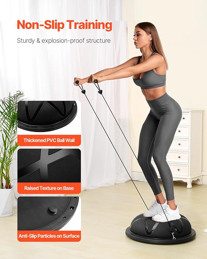 VEVOR Half Exercise Ball Trainer, 23/26 inch Balance Ball Trainer, 1500lbs Capacity Stability Ball, Yoga Ball with Resistance Bands & Foot Pump, Strength Fitness Ball for Home Gym Full Body Workout