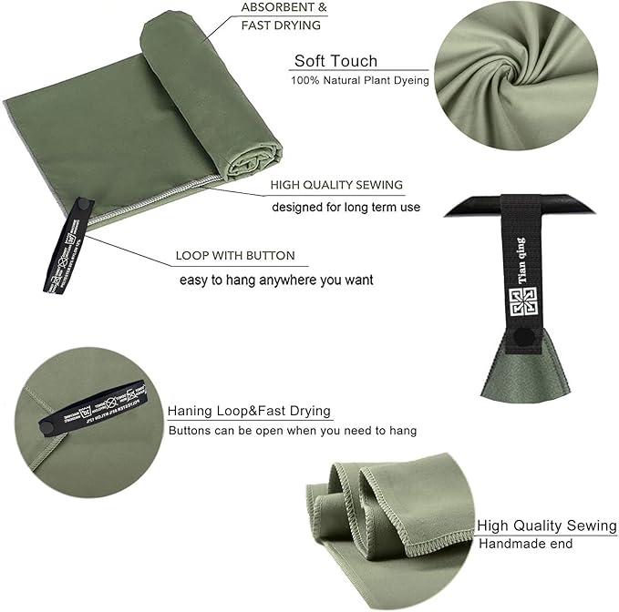 Quick Dry Camping Towel，Microfiber Travel Towel Super Absorbent Fast Drying Towel，Ultra Compact Soft Lightweight for Backpacking Camping Beach Hiking Gym Yoga Swimming,15.8"x31.5",Army Green
