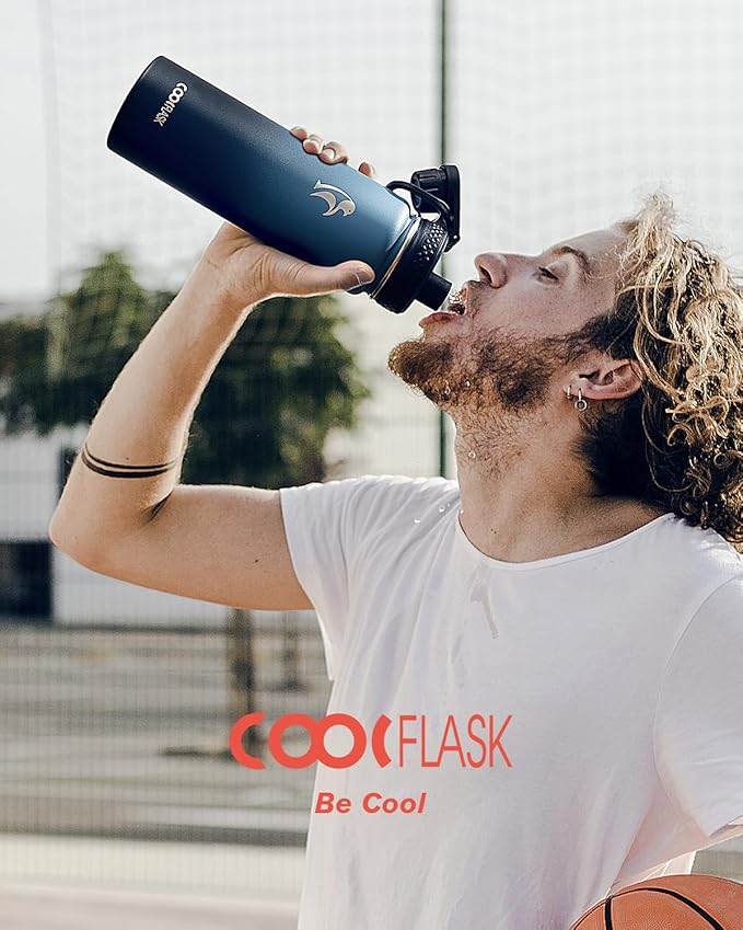 Coolflask Water Bottle 20 oz Insulated with Straw, Stainless Steel Metal 3 Lids Water Flask Wide Mouth for Sports or Office, Non-BPA Keep Cold Up to 48 Hrs or Hot Up to 24 Hrs, Samurai Cyan