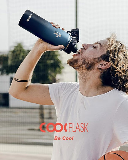 Coolflask Water Bottle 20 oz Insulated with Straw, Stainless Steel Metal 3 Lids Water Flask Wide Mouth for Sports or Office, Non-BPA Keep Cold Up to 48 Hrs or Hot Up to 24 Hrs, Samurai Cyan