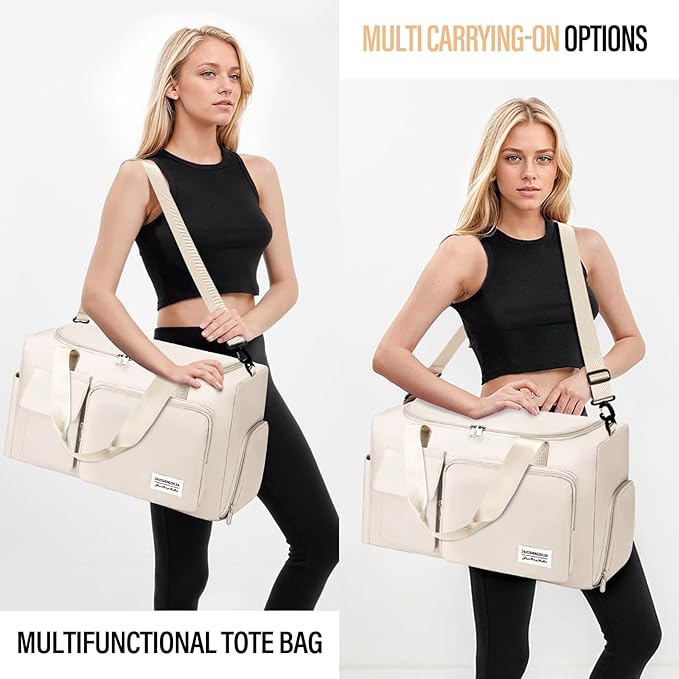 Gym & Dance Duffle Bag - Spacious Travel Organizer with Compartments (Beige)