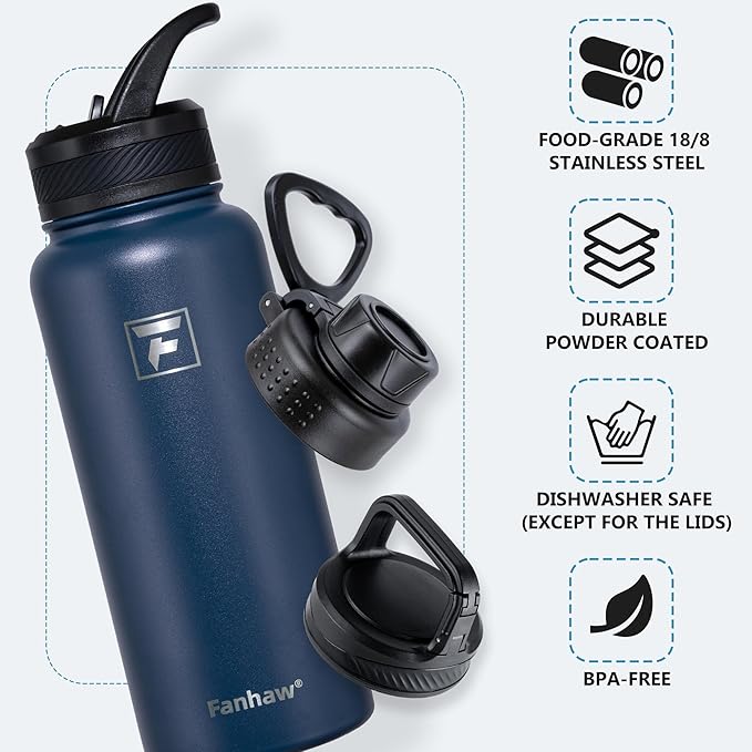 Fanhaw 32 oz Insulated Water Bottle – Portable Stainless Steel Flask with 3 Lids (Straw, Spout, Carabiner) | Leakproof, for Gym, Hiking, Work, Travel & Everyday Use (Navy Blue)