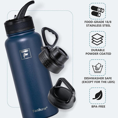 Fanhaw 32 oz Insulated Water Bottle – Portable Stainless Steel Flask with 3 Lids (Straw, Spout, Carabiner) | Leakproof, for Gym, Hiking, Work, Travel & Everyday Use (Navy Blue)